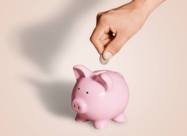putting coin in pig moneybox - Φωτογραφία, εικόνα