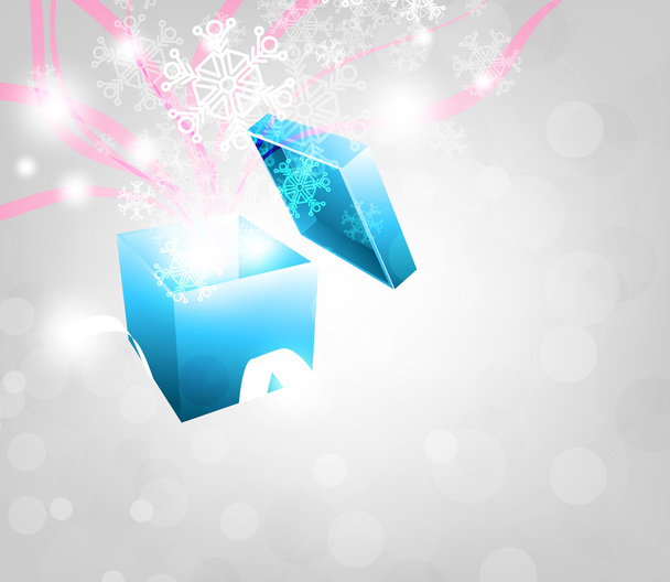 Open explore gift with fly snowflakes vector background. - Vecteur, image