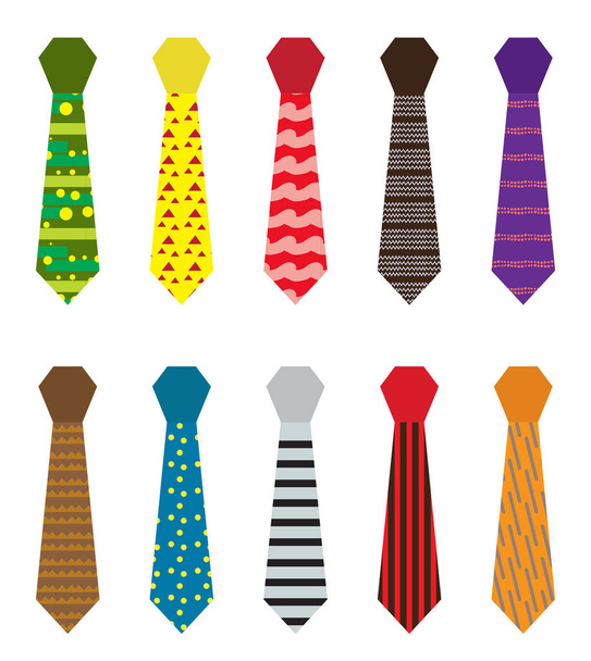 mehrfarbige Krawatten mit unterschiedlichen Mustern. Vatertag oder Herrenmode auf weißem Hintergrund. Vektorillustration. - Vektor, Bild