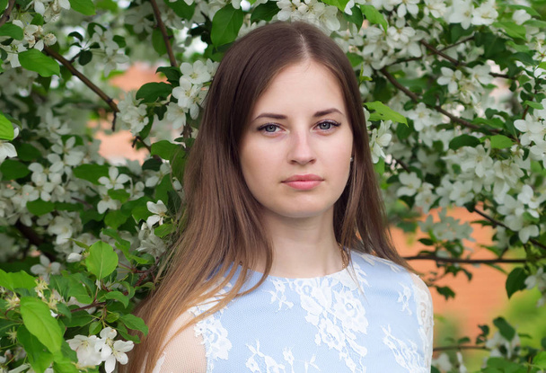 Girl posing against a background of flowering trees - Fotó, kép