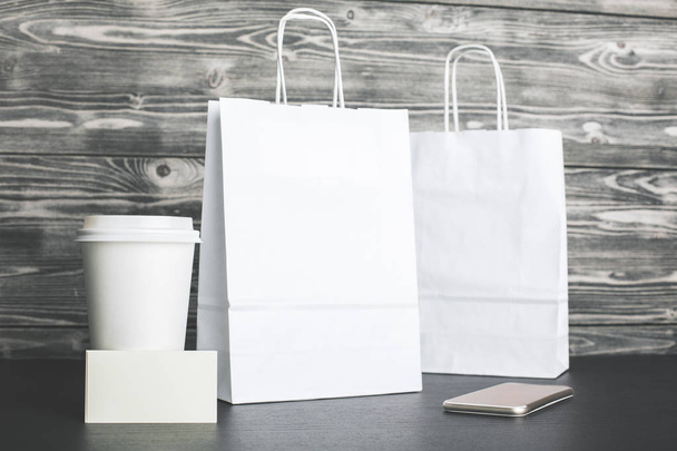 White shopping bags and coffee closeup - Zdjęcie, obraz