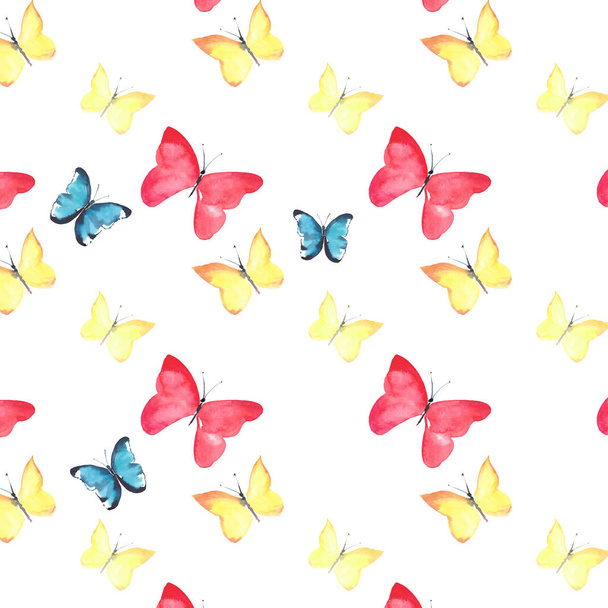 Beautiful cute sophisticated magnificent wonderful tender gentle spring colorful butterflies pattern watercolor hand illustration - Fotografie, Obrázek