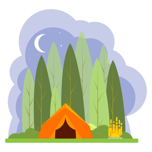 Orange tent and a campfire in the forest at night. The style fla - Vector, afbeelding