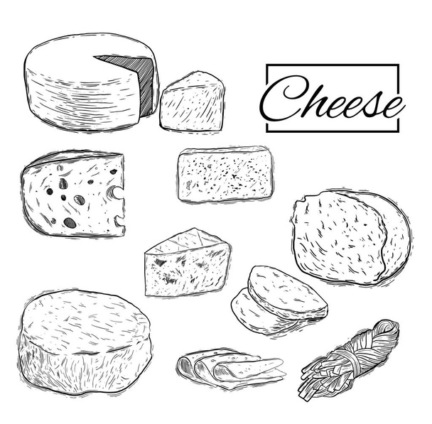 Sada sýr bio mléko máslo čerstvé potraviny vektorové ručně kreslené ilustrace, - Vektor, obrázek