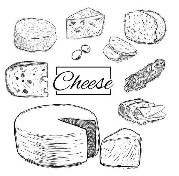 チーズ有機牛乳バター生鮮食品ベクトル手描きイラスト セット, - ベクター画像