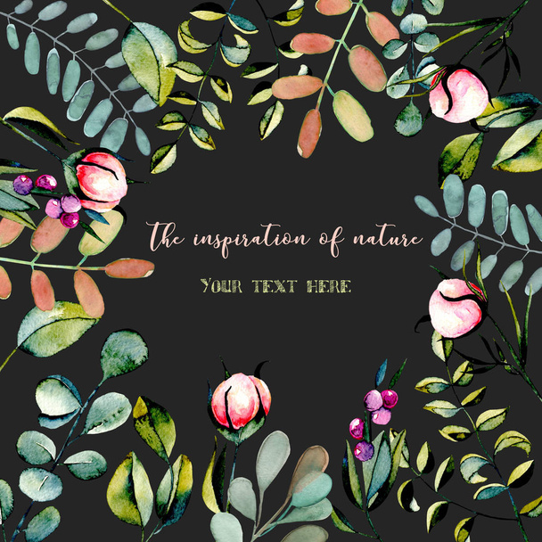 Cartolina modello con rami di eucalipto, boccioli di fiori di peonia rosa e piante verdi illustrazione ad acquerello
 - Foto, immagini