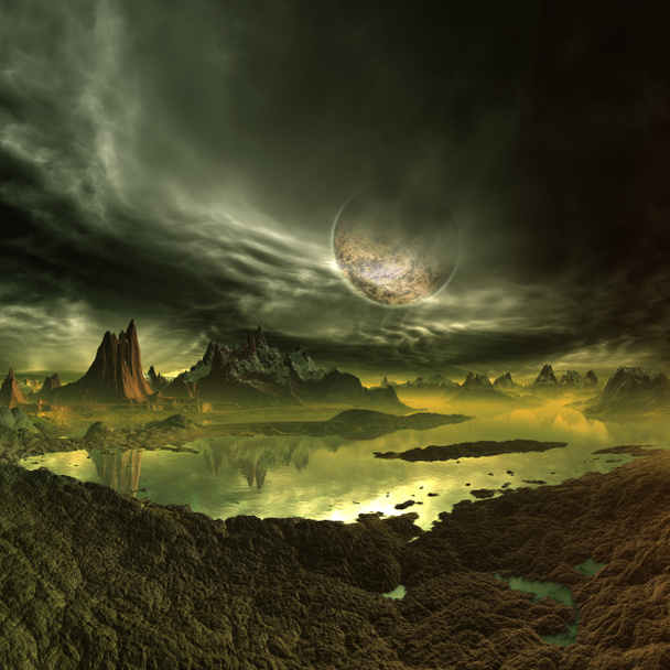 3D, δημιουργούνται και αποδίδονται εξωγήινο πλανήτη φαντασίας - 3d απεικόνιση - Φωτογραφία, εικόνα