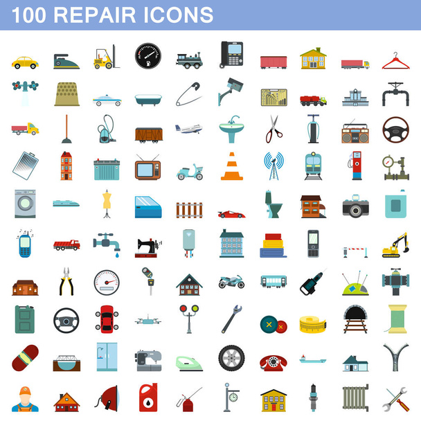 100 javítás ikon készlet, lapos stílusú - Vektor, kép
