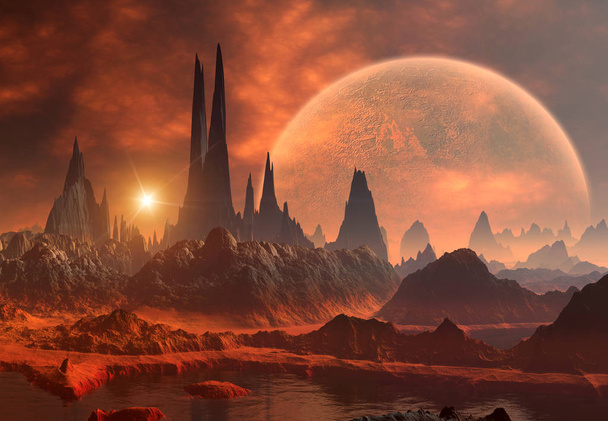 3D erstellte und gerenderte Fantasie außerirdischer Planet - 3D-Illustration - Foto, Bild