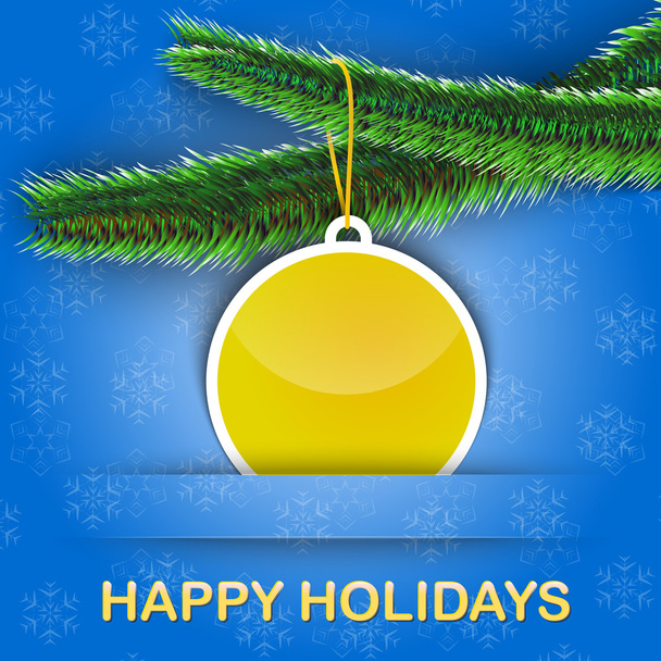 Holiday greetings card with Christmas tree and a bauble hanging - Wektor, obraz