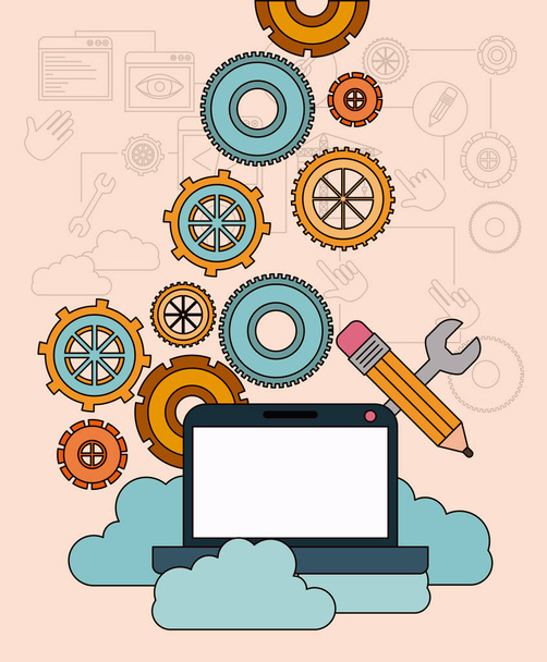 Hintergrund mit Laptop-Computer und Cloud-Speicherdienst - Vektor, Bild
