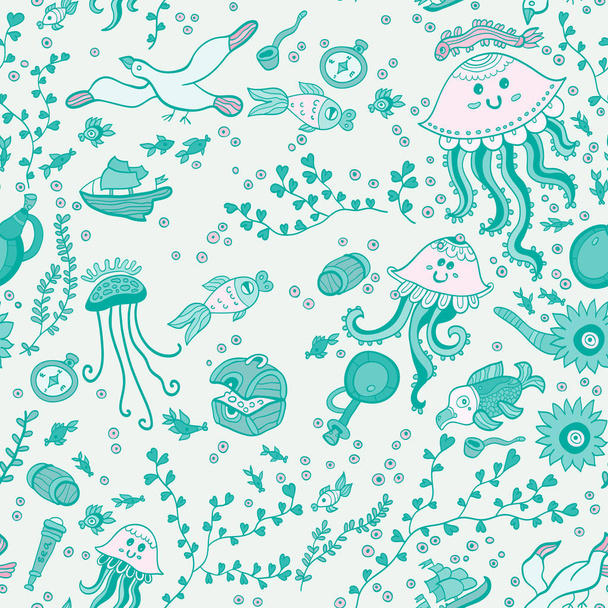 Doodle niños animales marinos patrón vectorial inconsútil
 - Vector, imagen