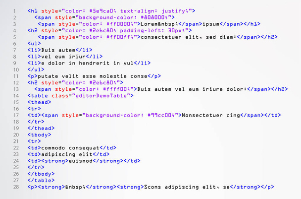 HTML vetor de código simples. Programa abstrato colorido Tags em Developer View. Tela da sintaxe iluminada colorida do certificado do código fonte. Fundo branco
. - Vetor, Imagem
