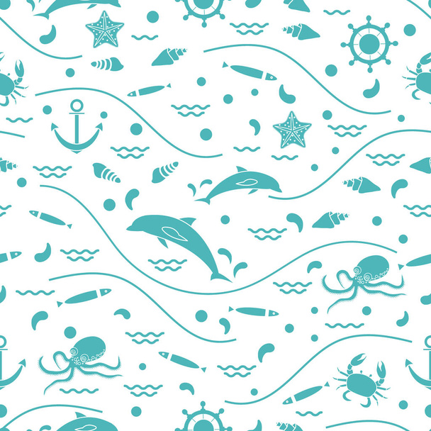 Cute seamless pattern with dolphins, octopus, fish, anchor, helm - Вектор, зображення