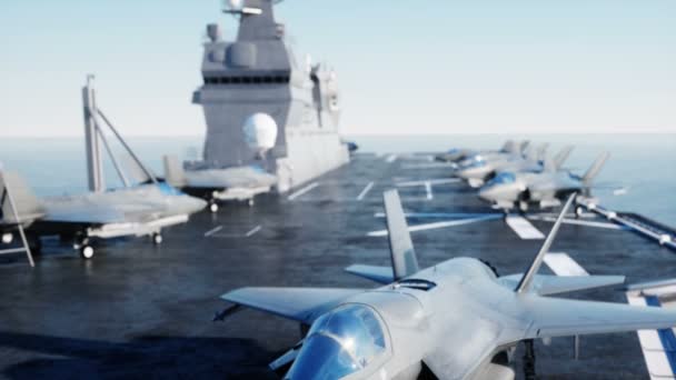 Jet, hävittäjä lentotukialuksella merellä, meressä. Sodan ja aseen käsite. Realistinen 4k animaatio
. - Materiaali, video