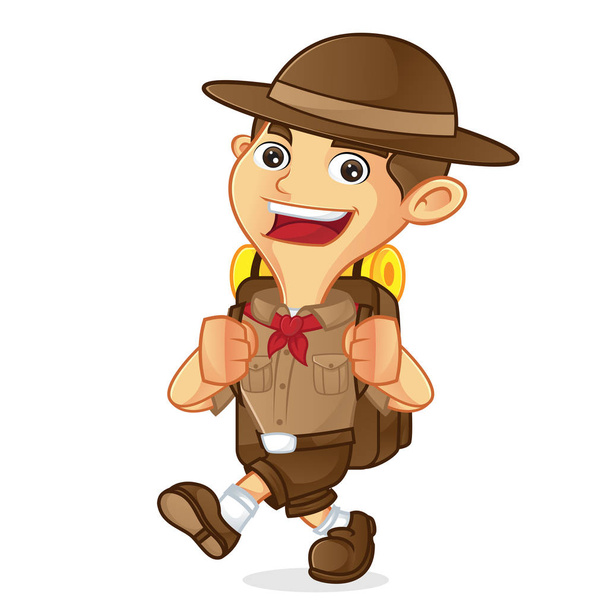 Boy scout cartoon walking and carrying backpack - Вектор, зображення