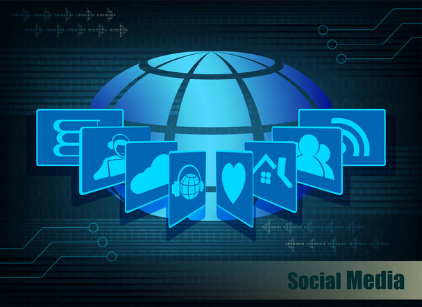 Μπλε φόντο με κόσμο και τα σύμβολα της κοινωνικών μέσων μαζικής ενημέρωσης - Διάνυσμα, εικόνα