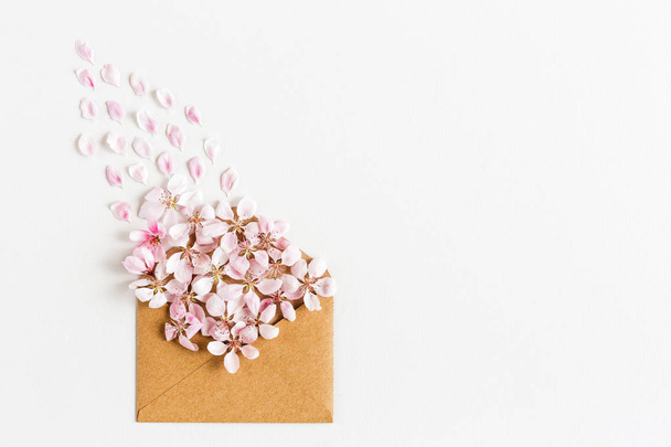 close up of opened craft paper envelope full of spring blossom sacura flowers on white background. top view. concept of love. Flat lay. happy valentines day. womens day. 8 of march. mothers day. - Photo, Image