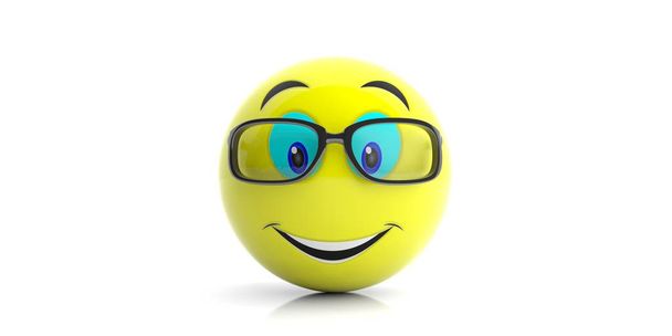 gelbe Emojis mit großem Lächeln und Brille auf weißem Hintergrund. 3D-Illustration - Foto, Bild