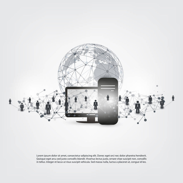 Мереж - абстрактні хмарних обчислень та глобальної бізнес і соціальні мережі підключень концепція дизайну з глобус Землі і серверним комп'ютером  - Вектор, зображення
