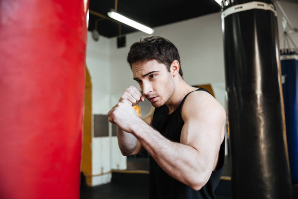 Side view of boxer  training with punchbag - 写真・画像