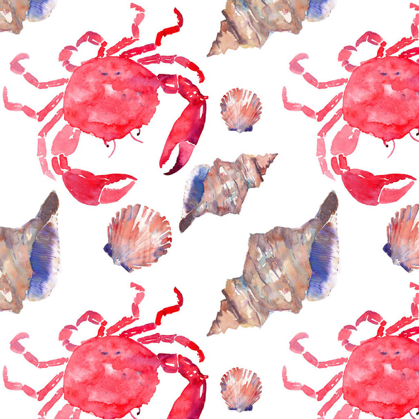 Colorful bright beautiful lovely summer sea tasty delicious pattern of red crabs and tender pastel seashells watercolor hand illustration. Perfect for restaurant menu, greetings card and textile - Fotoğraf, Görsel