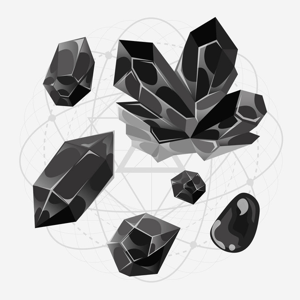 Conjunto de iconos de piedras de dibujos animados. Ilustración de un conjunto de piedras preciosas negras, iconos de minerales para web y app
 - Vector, Imagen