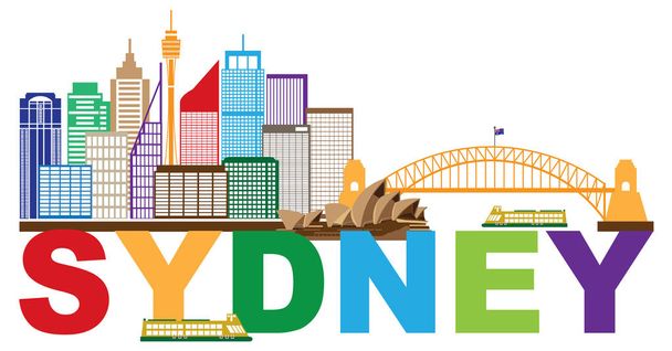 Sydney Austrália Skyline Texto Vetor abstrato colorido Ilustração
 - Vetor, Imagem