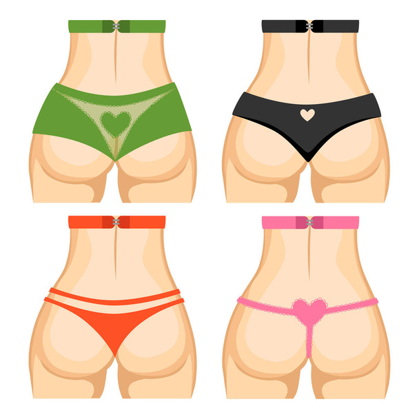 Women booty with different types of underwear. Vector illustration with female body on a white background. Sexy icon collection.  - Vector, Image