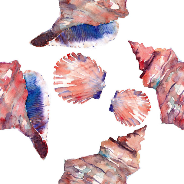 Bright cute graphic lovely beautiful wonderful summer fresh marine beach colorful seashells pattern watercolor hand illustration. Perfect for greeting card, textile design - Фото, изображение