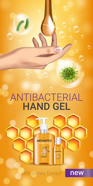 Honing smaak antibacteriële hand gel advertenties. Vectorillustratie met antiseptische handgel in flessen en honing elementen. - Vector, afbeelding