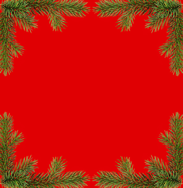 roter Weihnachtsrahmen aus Tannenzweigen - Foto, Bild