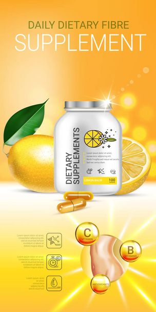 Lemon balm dietary supplement ads. Vector Illustration with Lemon supplement contained in bottle and lemon elements. - Vector, Image