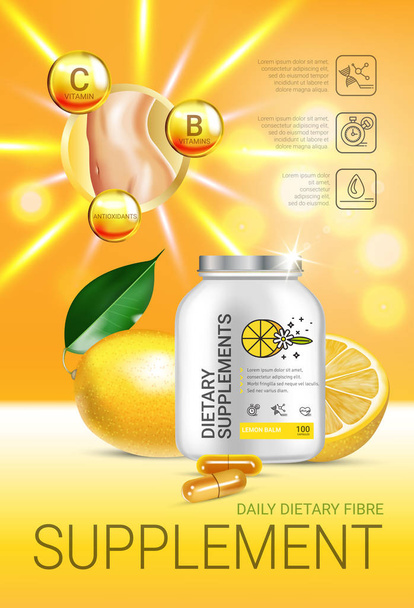 Bálsamo de limón anuncios suplemento dietético. Ilustración vectorial con suplemento de limón contenido en elementos de botella y limón
. - Vector, Imagen