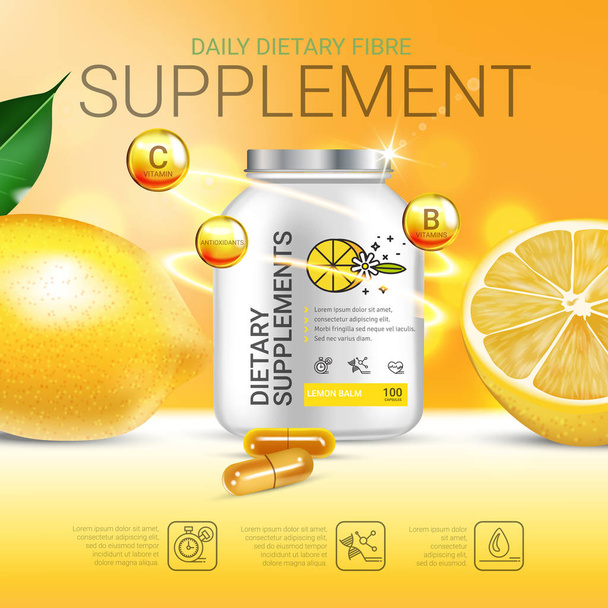 Lemon balm dietary supplement ads. Vector Illustration with Lemon supplement contained in bottle and lemon elements - Vector, Image