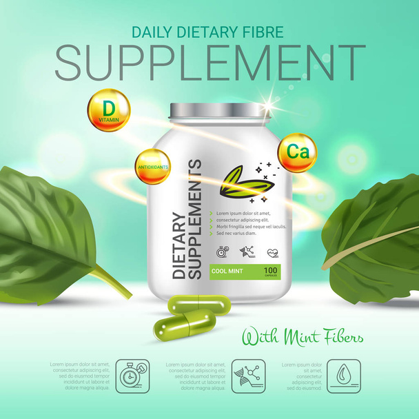 Cool mint dietary supplement ads. Vector Illustration with honey supplement contained in bottle and mint leaves elements. - Vector, Image