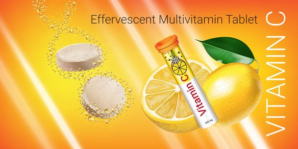 Wervelende multivitamine tabletten advertenties. Vectorillustratie met vitamine C container en citroen. - Vector, afbeelding