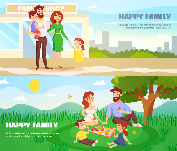 Banners horizontais ao ar livre família feliz
 - Vetor, Imagem