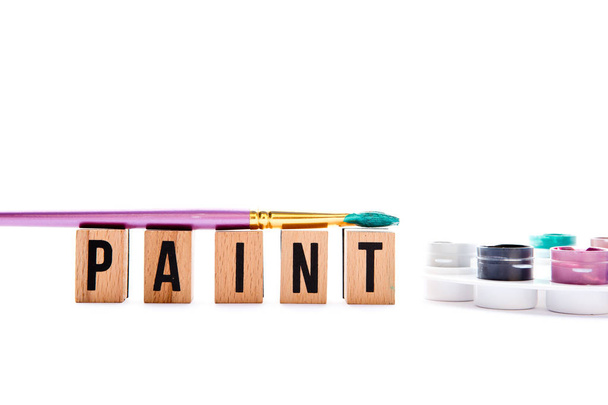 Art - Paint - blocks, brush and palette on white background - Photo, Image