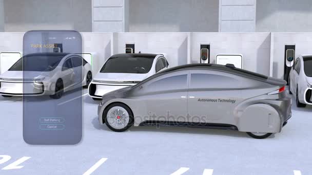 Smartphone-App zum Einparken eines autonomen Autos durch intelligenten Parkassistenten - Filmmaterial, Video