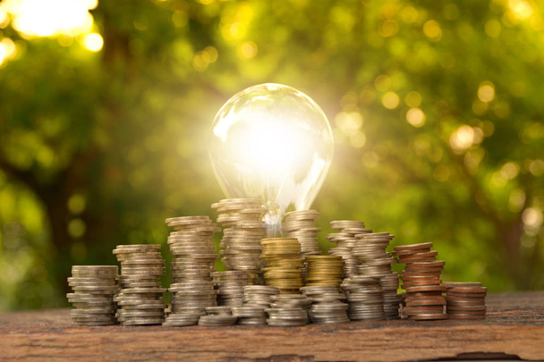 Energiesparlampe mit Stapeln von Münzen auf Naturhintergrund - Foto, Bild