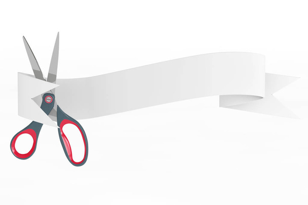 Ножиці з стрічкою банер. 3D-рендерінг - Фото, зображення