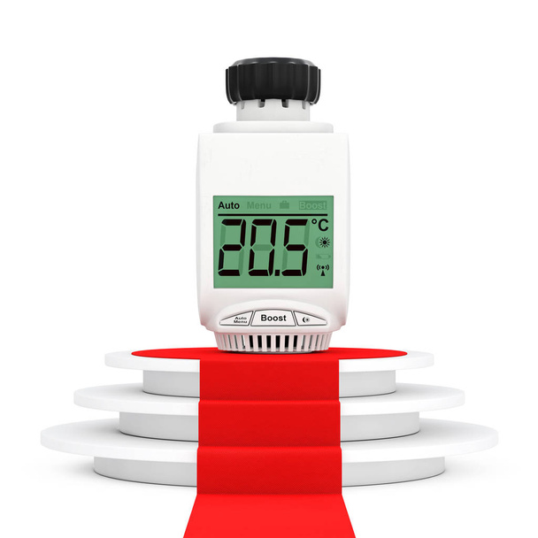 Válvula termostática de radiador sem fio digital sobre Pe branco redondo
 - Foto, Imagem