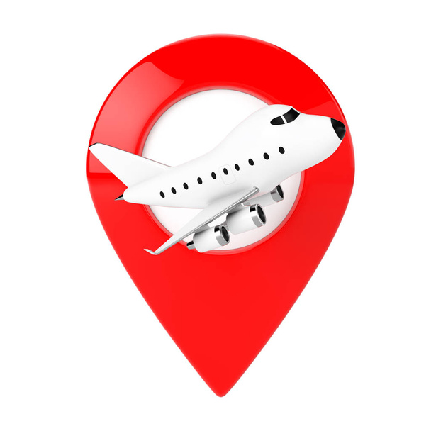 Cartoon Toy Jet Airplane con Red Map Target Pin. Renderizado 3d
 - Foto, Imagen