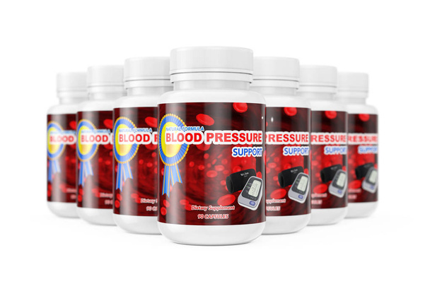 Row of Plastic Bottles for Blood Pressure Support Pills. 3d Rend - Photo, Image