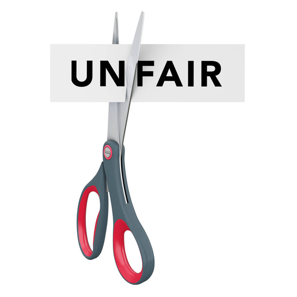 Cutting Unfair to Fair Paper Sign with Scissors. 3d Rendering - Photo, Image