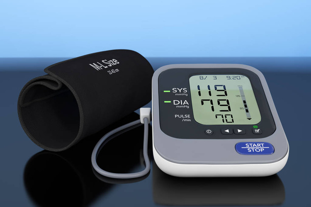 Цифровий монітор кров'яного тиску з манжетою. 3D рендерингу
 - Фото, зображення