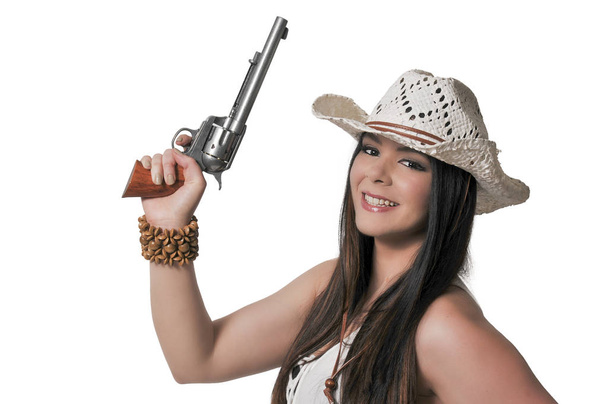 Cowgirl with relvolver - Zdjęcie, obraz