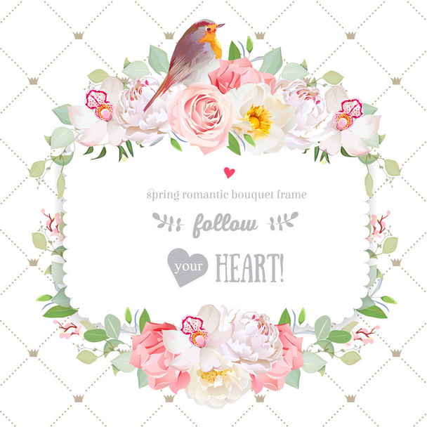 Square vector design frame with flowers and robin bird - Vector, Image