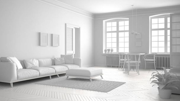 Totale witte Scandinavische woonkamer, minimalistisch interieur - Foto, afbeelding